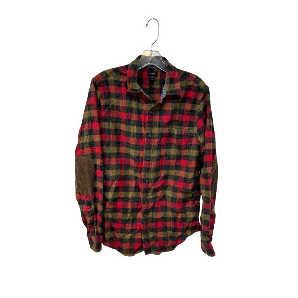 J. Crew Shirt Mens Medium Plaid Red Black Flannel Wool Blend Suede Elbow Patch